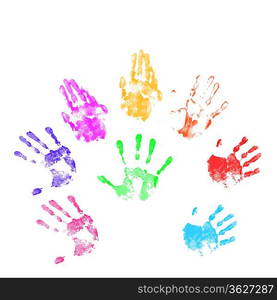 Colourful prints of human hands on white background