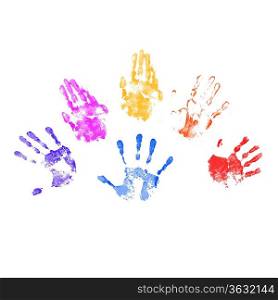 Colourful prints of human hands on white background