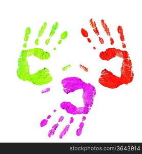 Colourful prints of human hands on white background