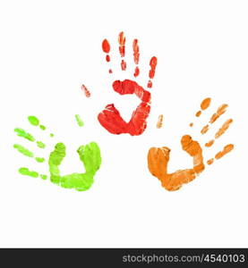 Colourful prints of human hands on white background