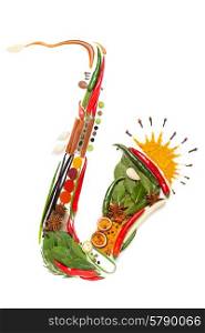 Colourful sax made of condiments.
