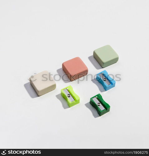 colourful sharpeners erasers high view. High resolution photo. colourful sharpeners erasers high view. High quality photo