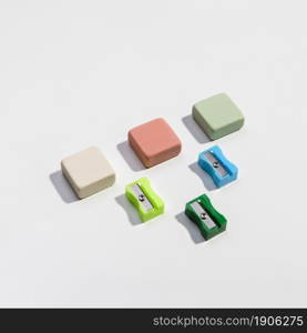 colourful sharpeners erasers high view. High resolution photo. colourful sharpeners erasers high view. High quality photo