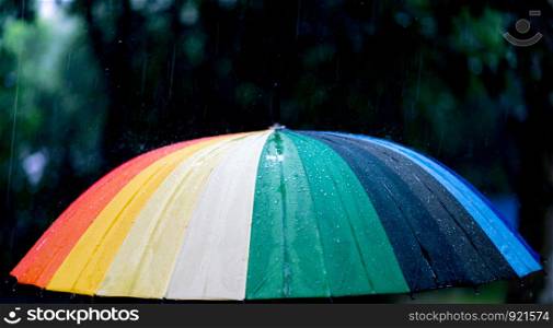 Colourful umbrella under rain, Rain On rainbow Umbrella