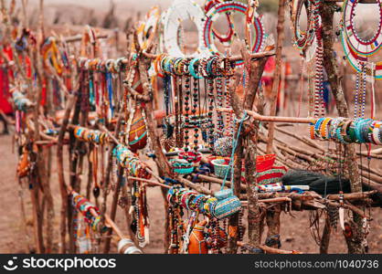 Colourful vibrant African Masai handmade stone beads ornament fashion accessories souvenir for tourist at Ngorongoro, Serengeti Tanzania.