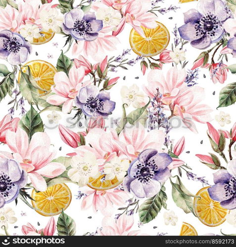 Colourful watercolor pattern with flowers of lavender, magnolia, anemones, and orange fruits. Illustrations.. Colourful watercolor pattern with flowers of lavender, magnolia, anemones, and orange fruits. 