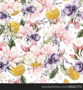 Colourful watercolor pattern with flowers of lavender, magnolia, anemones, and orange fruits. Illustrations.. Colourful watercolor pattern with flowers of lavender, magnolia, anemones, and orange fruits. 