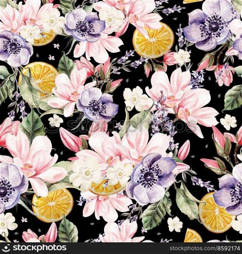 Colourful watercolor pattern with flowers of lavender, magnolia, anemones, and orange fruits. Illustrations.. Colourful watercolor pattern with flowers of lavender, magnolia, anemones, and orange fruits. 