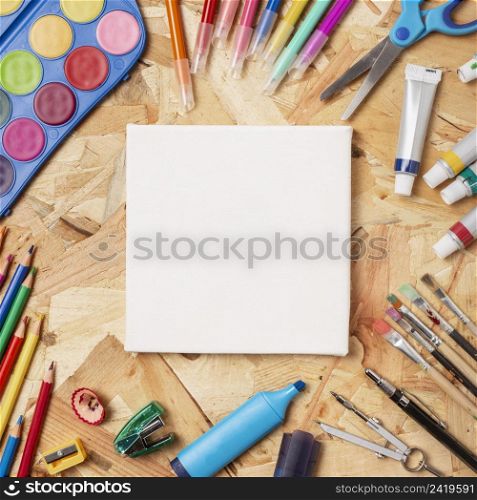 colourful wooden desk with stationery items