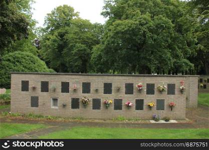 Columbarium at a cemetery, public storage of cinerary urns, memorial wall