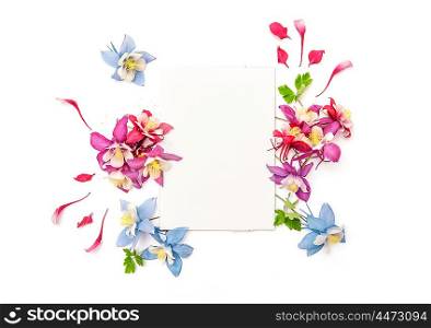 Columbines flower frame with empty sketchbook. Flat lay background