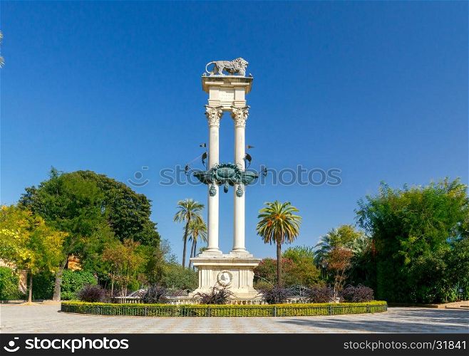 Columbus Monument in Gardens of Murillo in Seville, Andalusia, Spain.