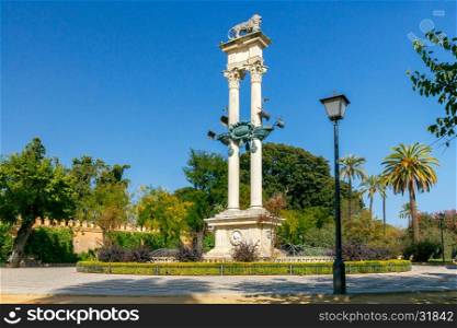 Columbus Monument in Gardens of Murillo in Seville, Andalusia, Spain.