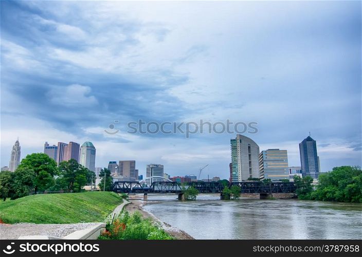 Columbus, Ohio skyline reflected in the Scioto River. Columbus is the capital of Ohio