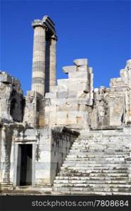 Column and stones of ruins in Apollo temple, Didim, Turkey