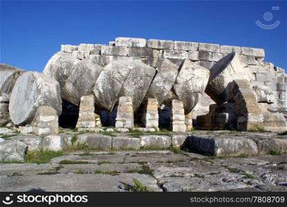 Column and wall of Apollo temple in Didim, Turkey