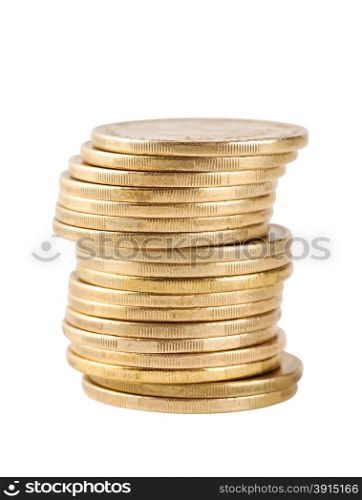 Column coins shot with focus on foreground isolated on white background. Column coins shot with focus on foreground