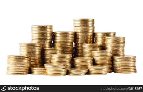 Column of golden coins isolated on white background. Column of golden coins
