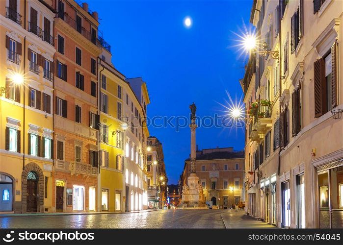 Column of the Immaculate Conception, Rome, Italy.. The Column of the Immaculate Conception depicting the Blessed Virgin Mary, on Piazza Mignanelli during morning blue hour, Rome, Italy.