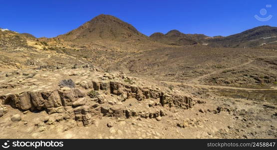 Columnar Jointing Structures Of Punta Baja, Lava Flows, Volcanic Rocks, Cabo de Gata-Nijar Natural Park, UNESCO Biosphere Reserve, Hot Desert Climate Region, Almeria, Andalucia, Spain, Europe