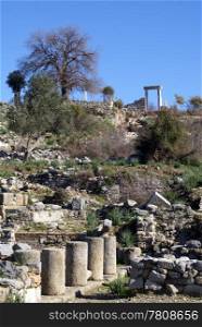 Columns and gate on ruins of Kaunos near Dalyan, Turkey