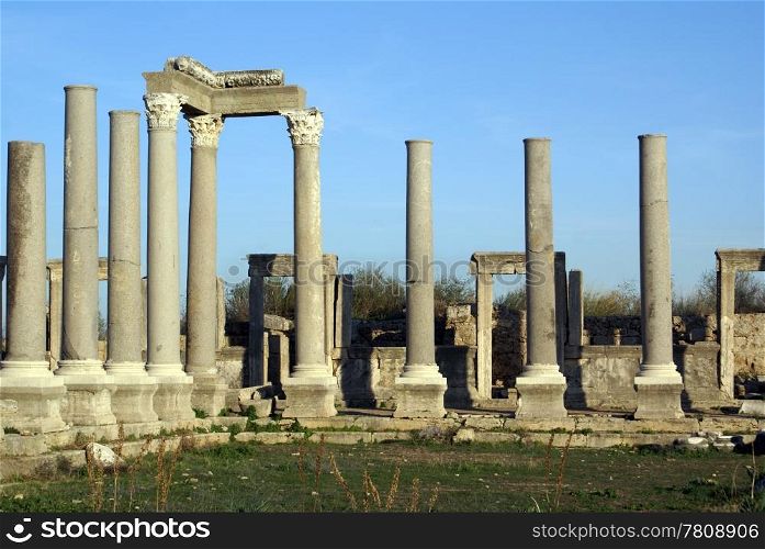 Columns and ruins in Perge, Turkey