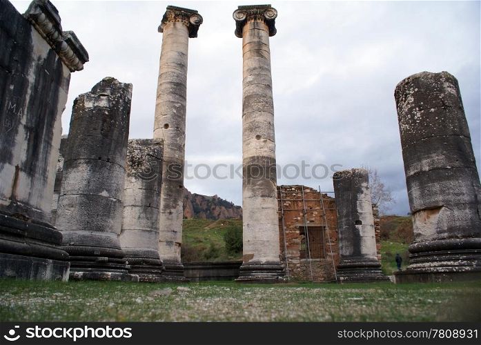 Columns and ruins of Artemistemple in Sardis, Turkey