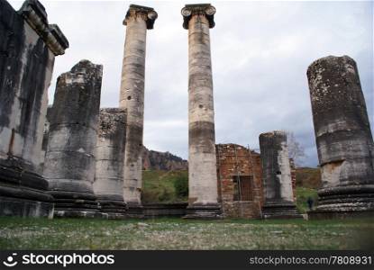 Columns and ruins of Artemistemple in Sardis, Turkey