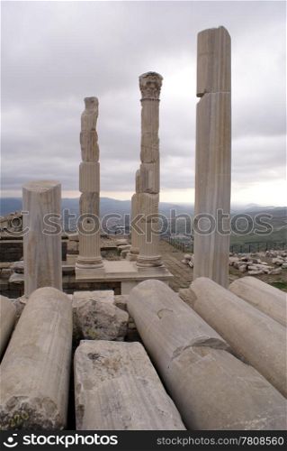 Columns and ruins of Trajan temple in Bergama, Turkey