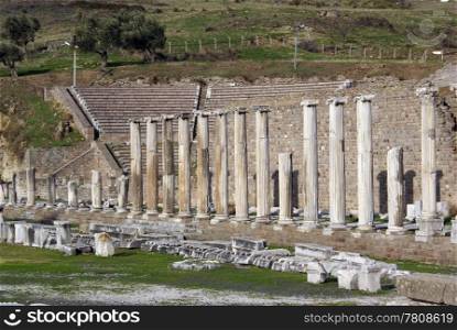 Columns and theater in ruins of temple Asklepios in Bergama, Turkey