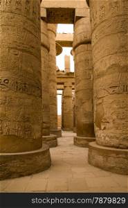 columns covered in hieroglyphics, Karnak, Egypt.