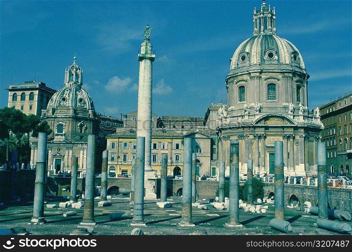 Columns in front of a cathedral, Trajan&acute;s Column, Rome, Italy