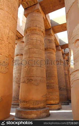 columns in karnak temple with ancient egypt hieroglyphics