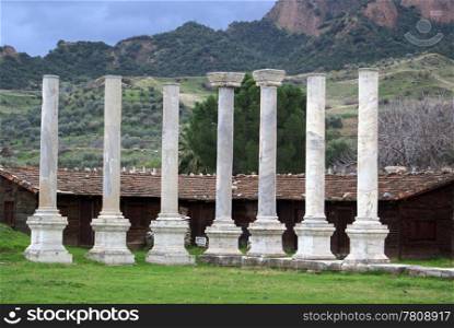 Columns in the inner yard near mount in Sardis, Turkey
