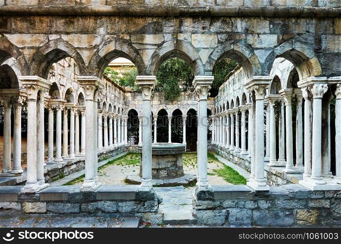 Columns of Chiostro di Sant&rsquo;Andrea monastery in Genoa, Italy