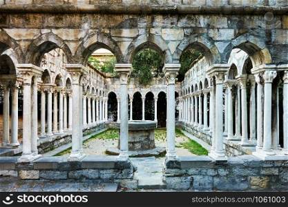 Columns of Chiostro di Sant&rsquo;Andrea monastery in Genoa, Italy