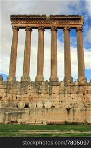 Columns of roman temple and clouds in Baalbeck, Lebanon