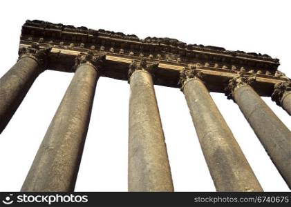 Columns, Temple of Jupiter Ruins of Roman Empire in the Middle East Baalbek, Lebanon Isolated on white.