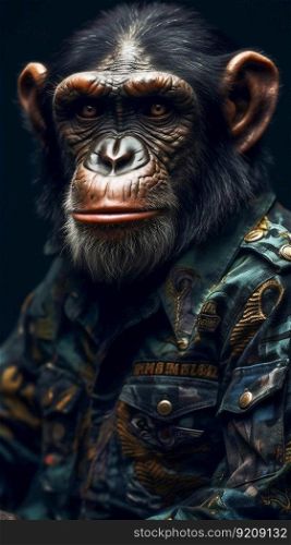 Combat Chimp Monkey in Military Clothes. Ge≠rative ai. High quality illustration. Combat Chimp Monkey in Military Clothes. Ge≠rative ai