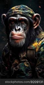 Combat Chimp Monkey in Military Clothes. Generative ai. High quality illustration. Combat Chimp Monkey in Military Clothes. Generative ai