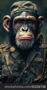 Combat Chimp Monkey in Military Clothes. Generative ai. High quality illustration. Combat Chimp Monkey in Military Clothes. Generative ai