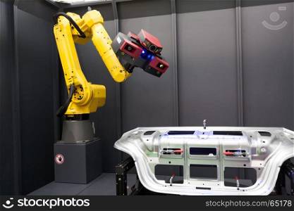 Combined 3D scanner and robotic arm automate scanning. Optical 3D coordinate measuring machine.