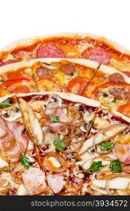 combo with three different slices of pizzas closeup from top. for advertisement or web design, promo, special price