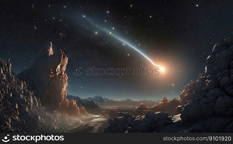 Comet fly by the bright star viewed from the plant surface. Beauty of universe. Generative AI.. Comet fly by the bright star viewed from the plant surface. Beauty of universe. Generative AI