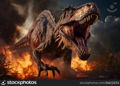 Comet Hitting Earth Causing Extinction of Dinosaur in Their Habitat with Blazing Fire and Cloudy Sky