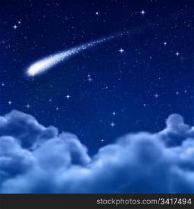 comet or shooting star in space or night sky through the clouds