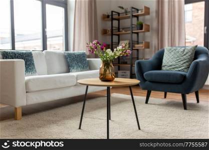 comfort, furniture and interior concept - sofa with cushions at cozy home living room. sofa with cushions at cozy home living room