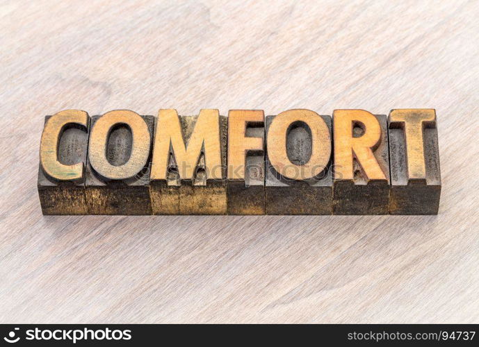 comfort word abstract in vintage letterpress wood type