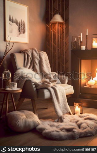 Comfortable armchair with warm lighting, crackling fireplace and blanket nearby. Winter indoor scene interior. Generative AI. High quality illustration. Comfortable armchair with warm lighting, crackling fireplace and blanket nearby. Winter indoor scene. Generative AI