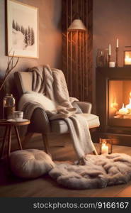 Comfortable armchair with warm lighting, crackling fireplace and blanket nearby. Winter indoor scene interior. Generative AI. High quality illustration. Comfortable armchair with warm lighting, crackling fireplace and blanket nearby. Winter indoor scene. Generative AI